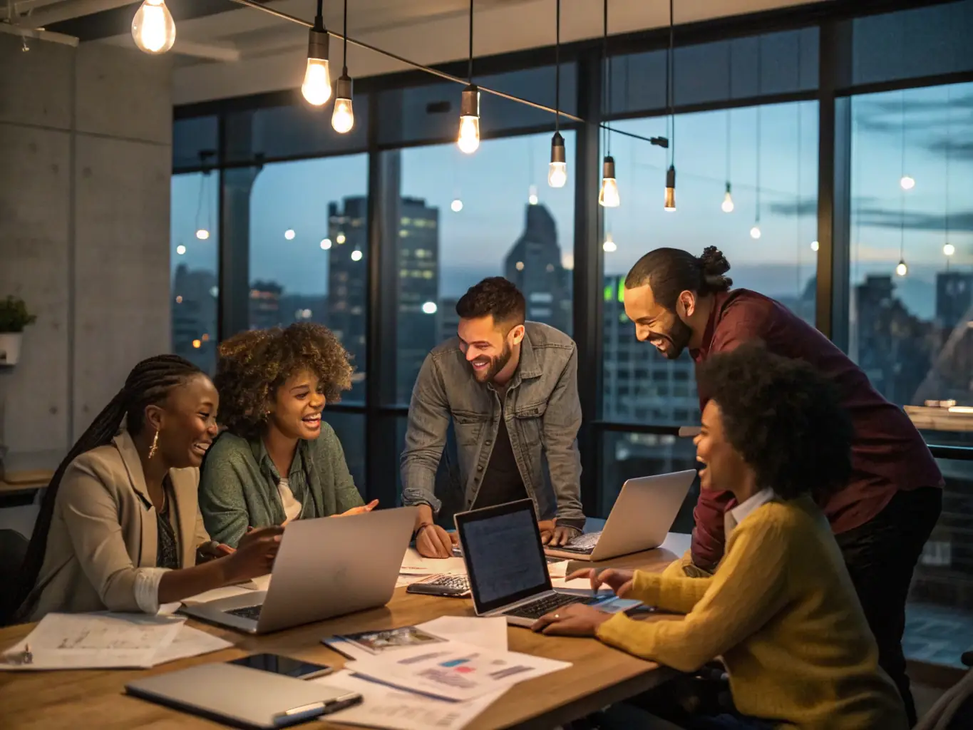 A vibrant image of a diverse team of South African entrepreneurs collaborating in a modern office space, symbolizing the collaborative and innovative spirit of Growspark.fun's mentorship programs.