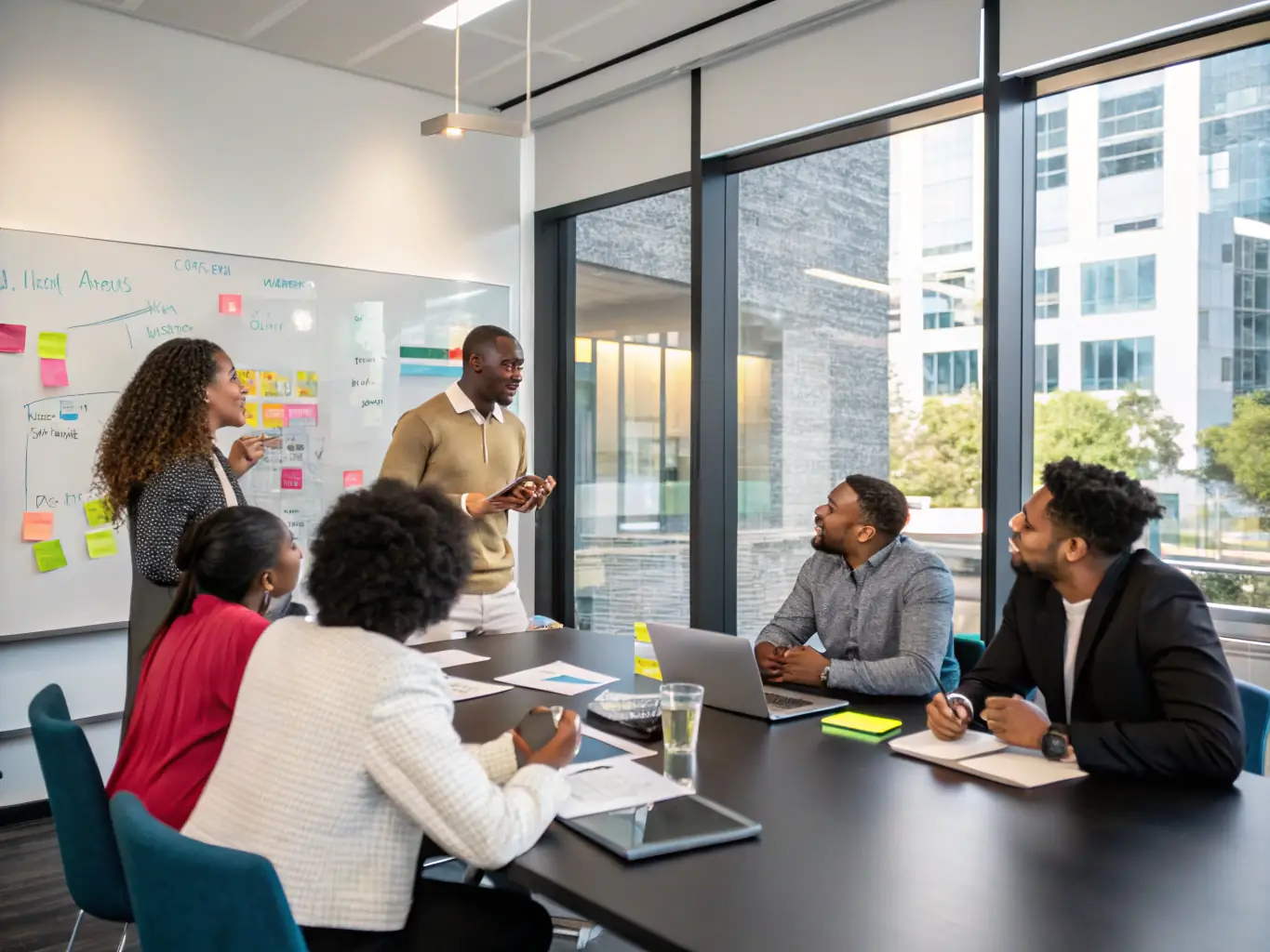 An image of a diverse group of South African entrepreneurs collaborating and brainstorming ideas in a modern, vibrant co-working space, symbolizing innovation and teamwork.