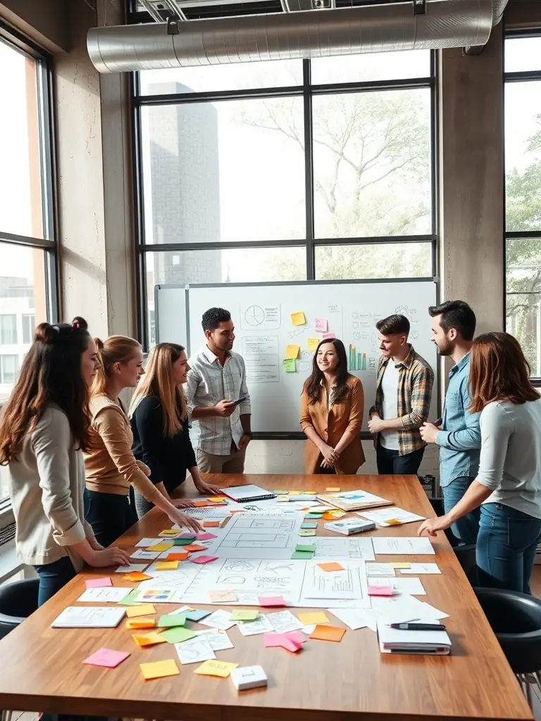 An image of a diverse team brainstorming innovative business scaling strategies in a modern office, reflecting Growspark.fun's approach to helping South African startups expand.